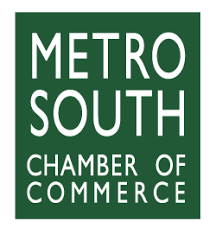 The logo for the metro south chamber of commerce is green and white.