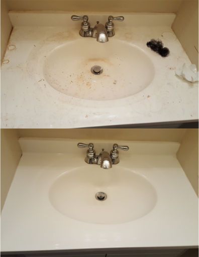 A before and after photo of a bathroom sink