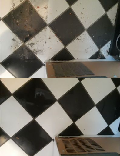 A before and after picture of a black and white checkered tile floor.