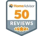 A home advisor 50 reviews badge with three stars.