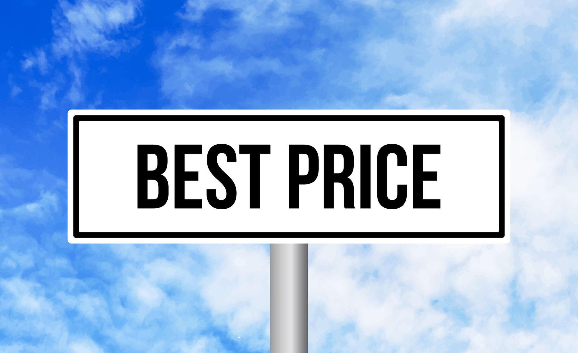 A sign that says `` best price '' against a blue sky with clouds.