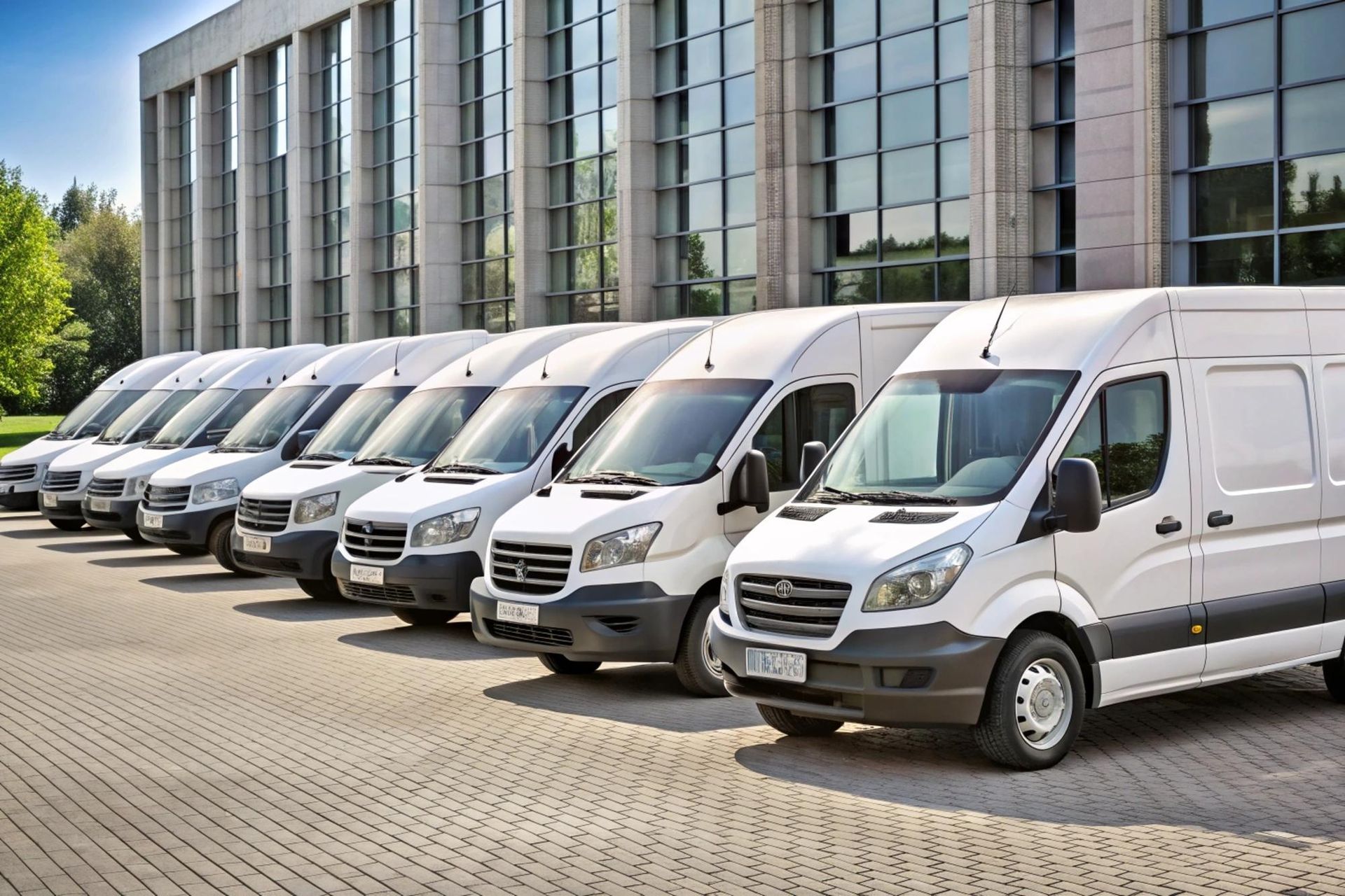 A row of white vans are parked in front of a building.
