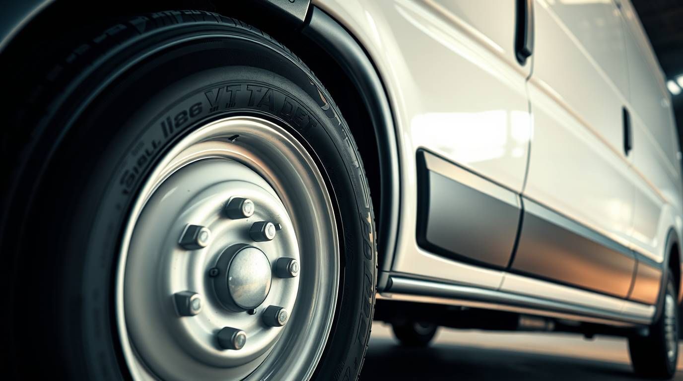 A close up of a white van with a tire on it.