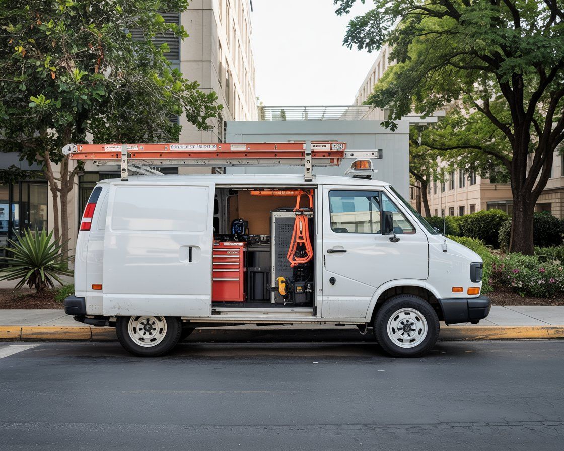A white van with a ladder on top of it is parked on the side of the road.
