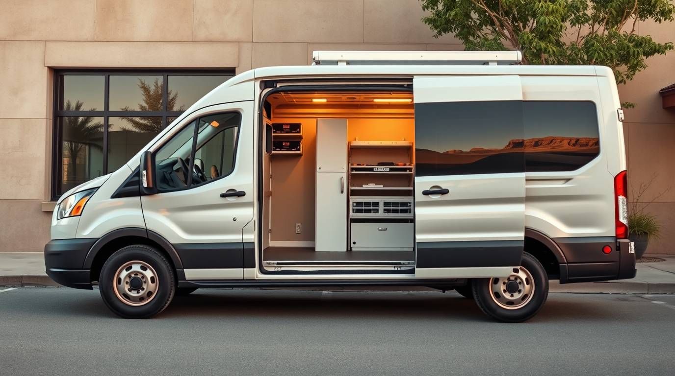 A white van is parked on the side of the road with its doors open.