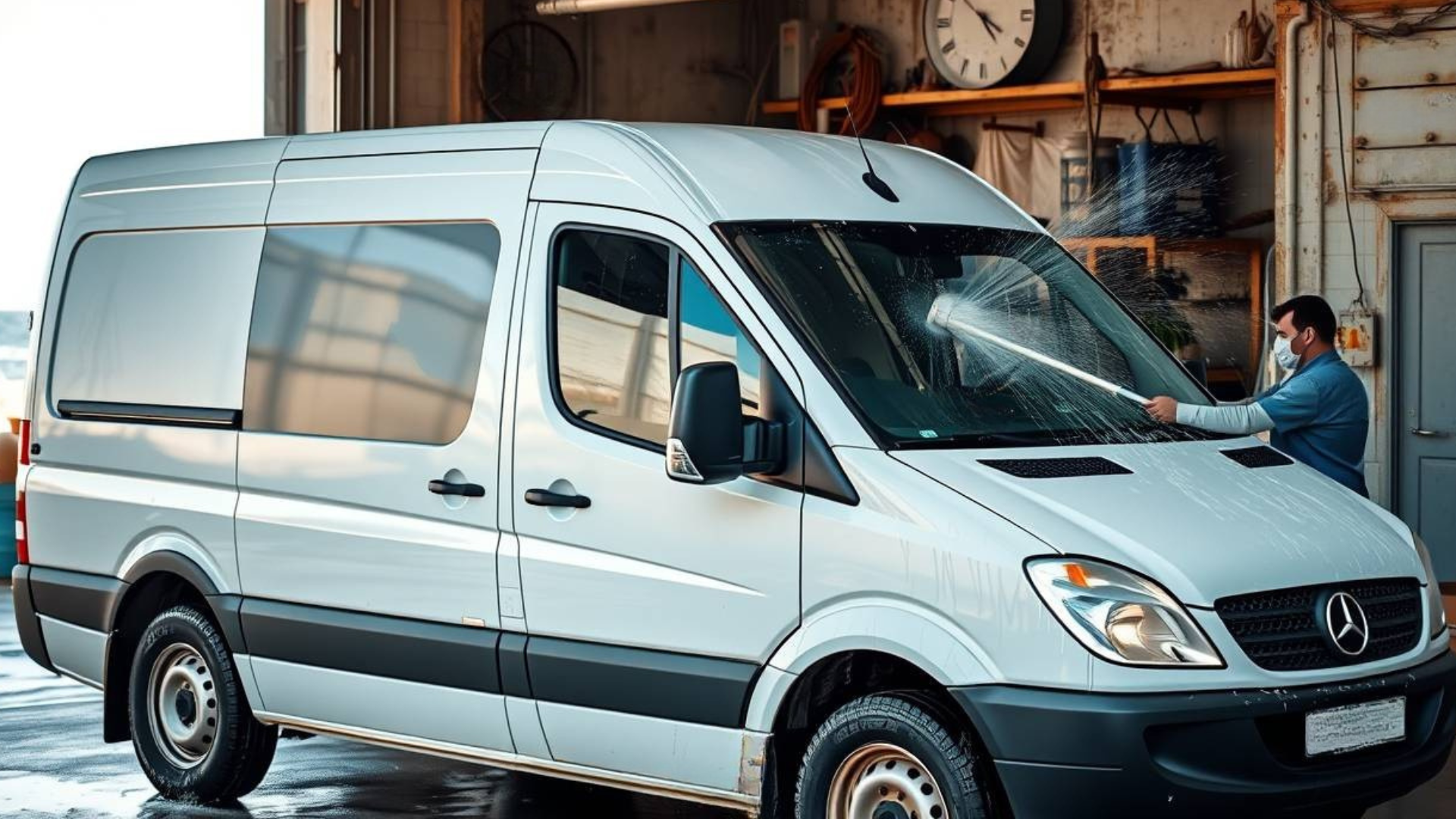 A man is washing a white van in a garage.