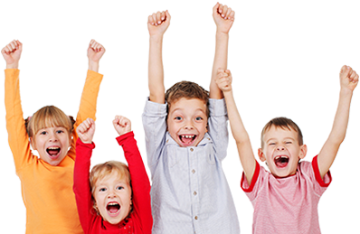 a group of children are raising their arms in the air