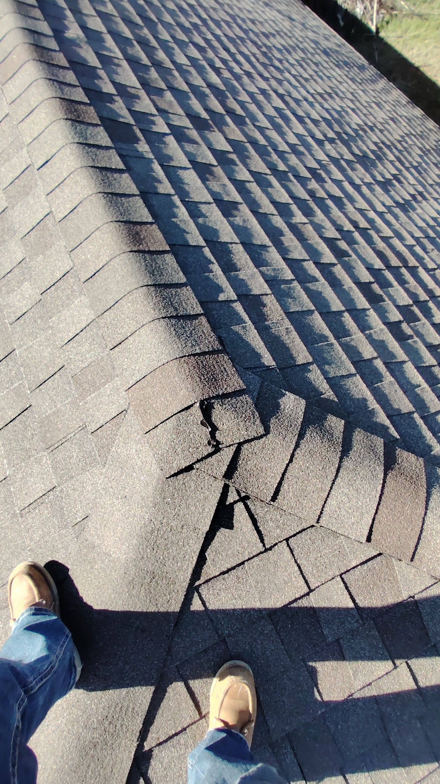 Close-up view of a roof with damaged asphalt shingles, revealing tears and missing pieces.