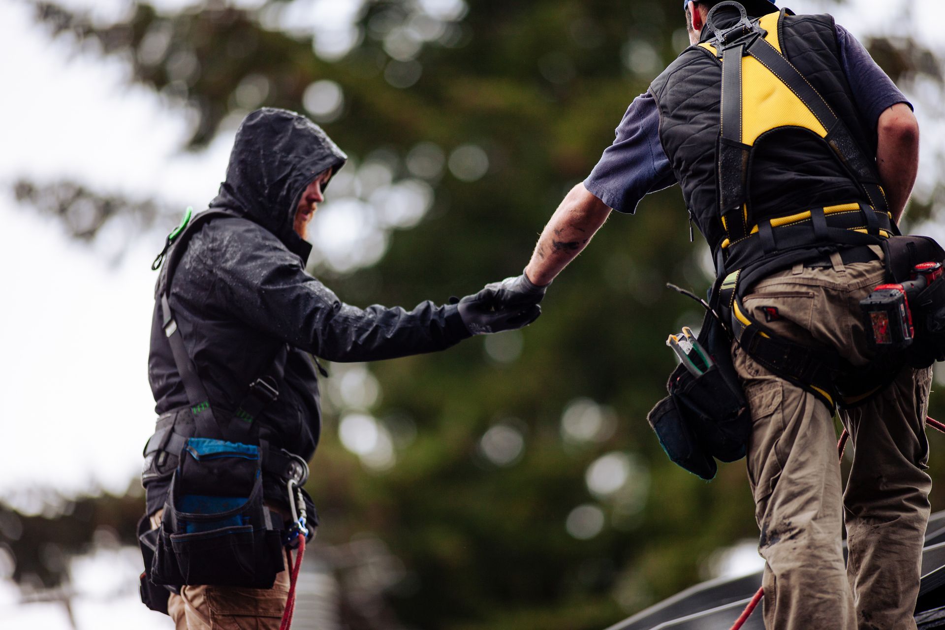 Two workers in safety gear shaking hands outdoors.