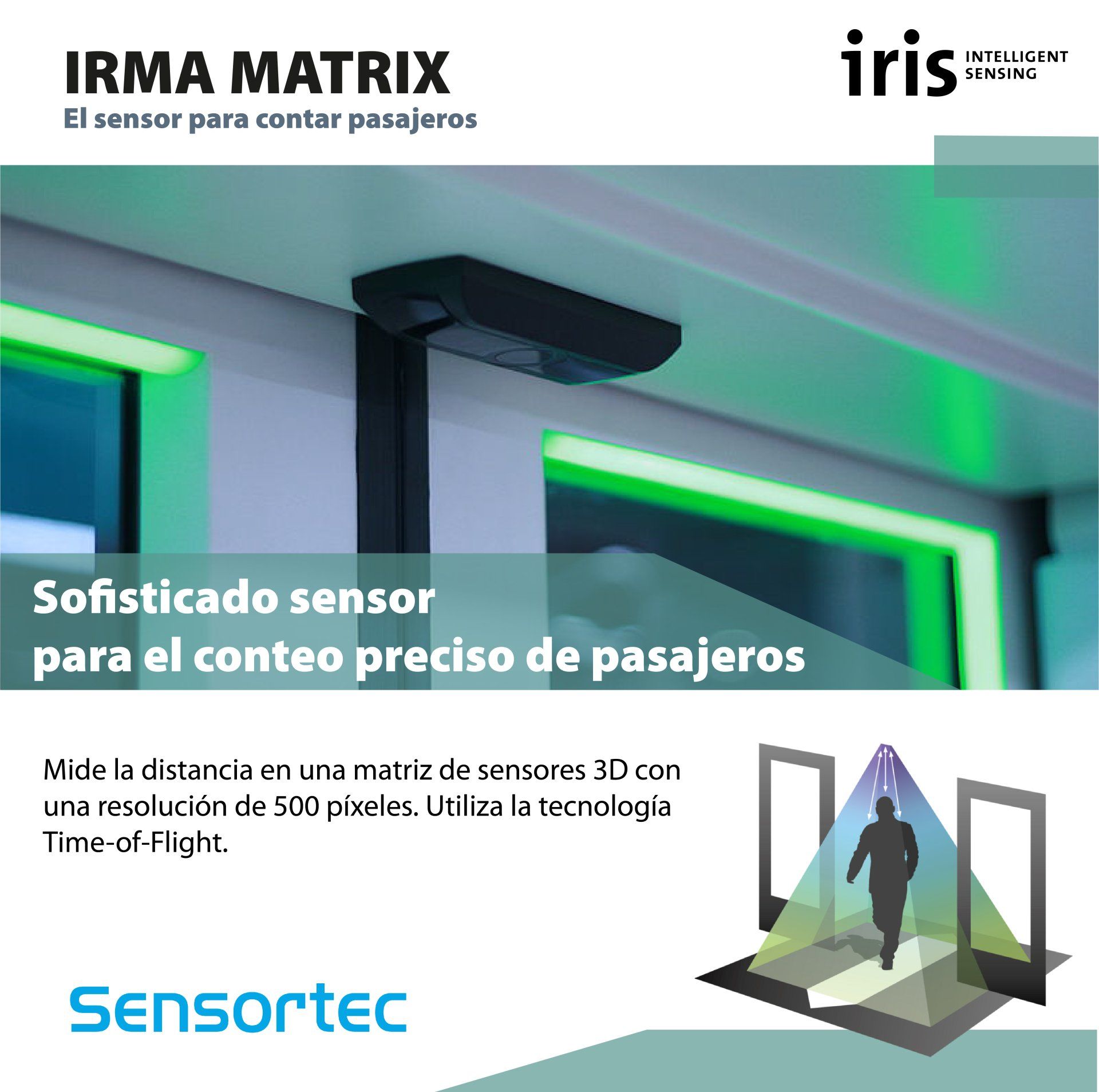 Sensor de conteo de pasajeros IRMA MATRIX, montado sobre la puerta del aeropuerto El Dorado en Bogotá, Colombia