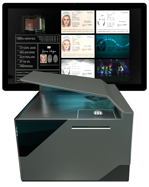 Escáner de identificación Adaptive Recognition con una pantalla que muestra datos de verificación de identidad.