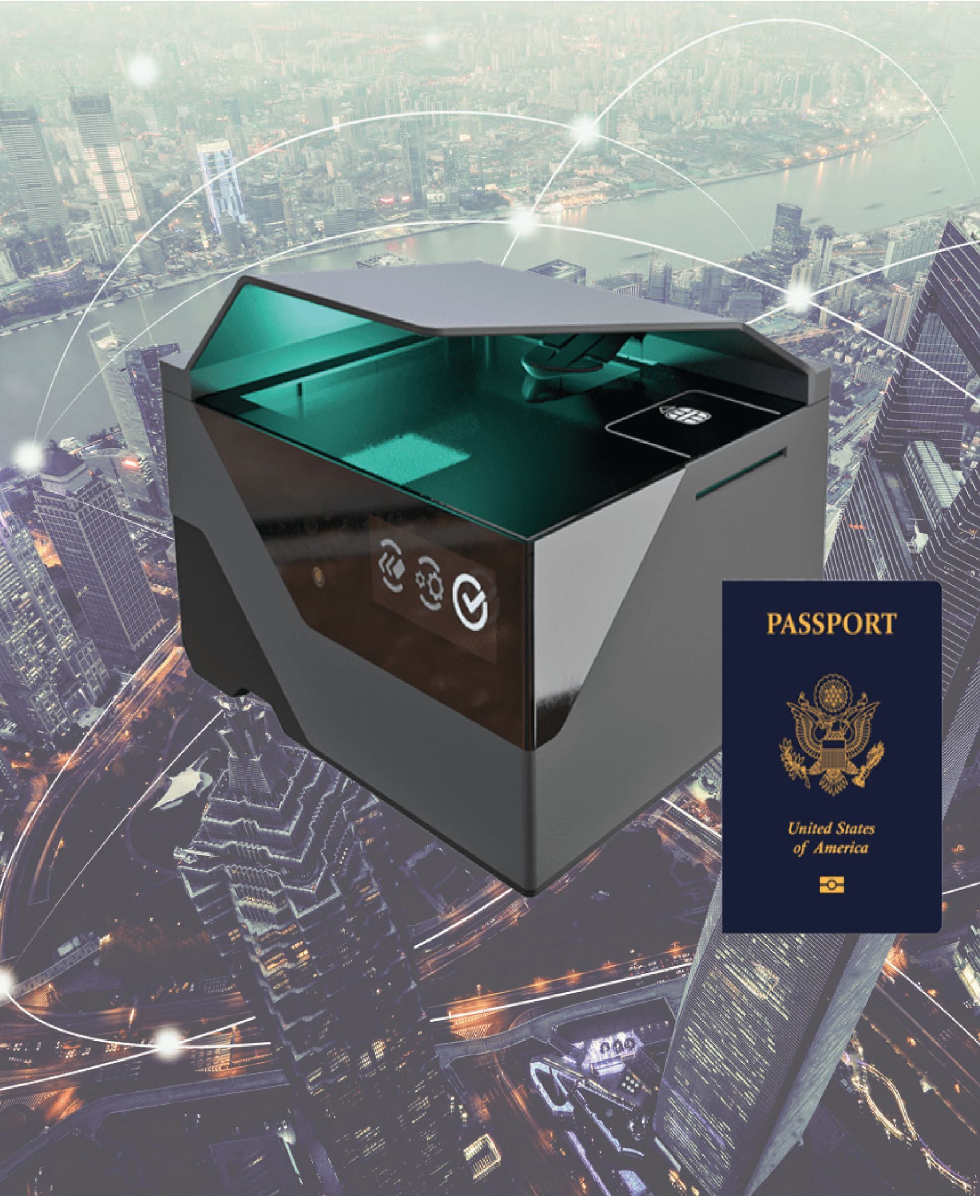 Escáner de pasaportes, al lado de un pasaporte estadounidense, sobre un fondo de ciudad
