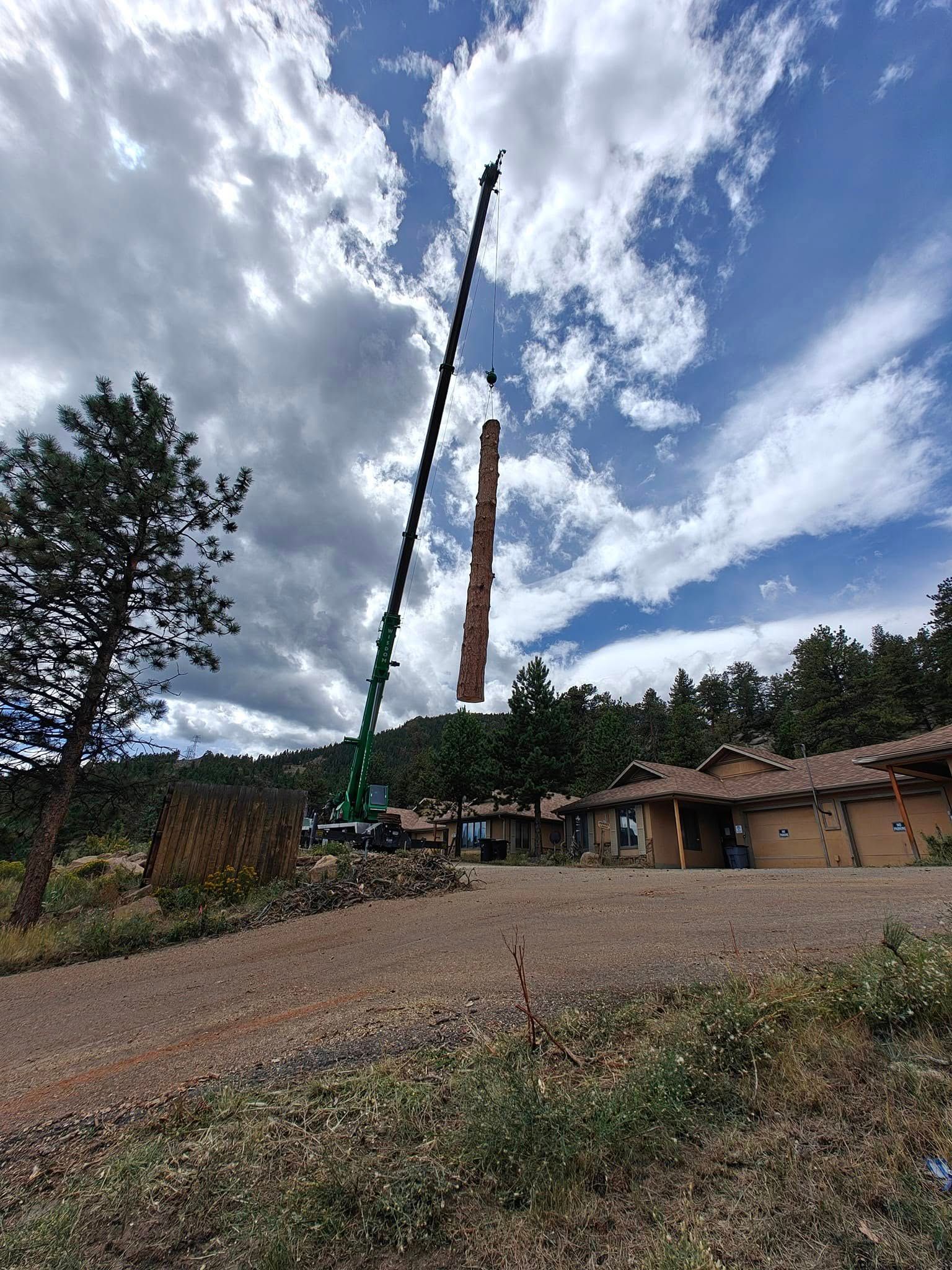 A large log is being lifted by a crane in front of a house.