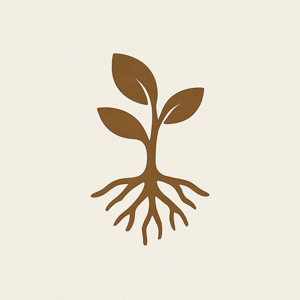 Brown sprout with leaves and roots on a beige background.