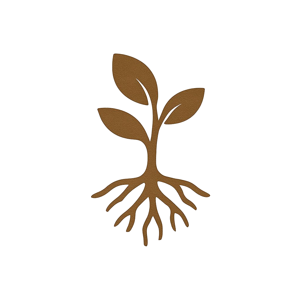 Brown sprout with leaves and roots on a beige background.