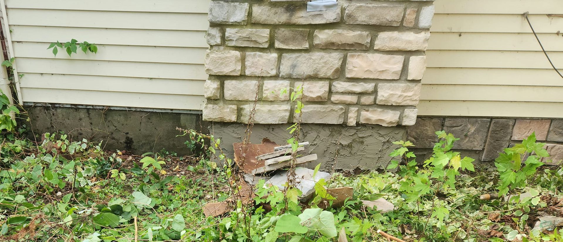 A brick wall next to a house with a lot of weeds growing on it.