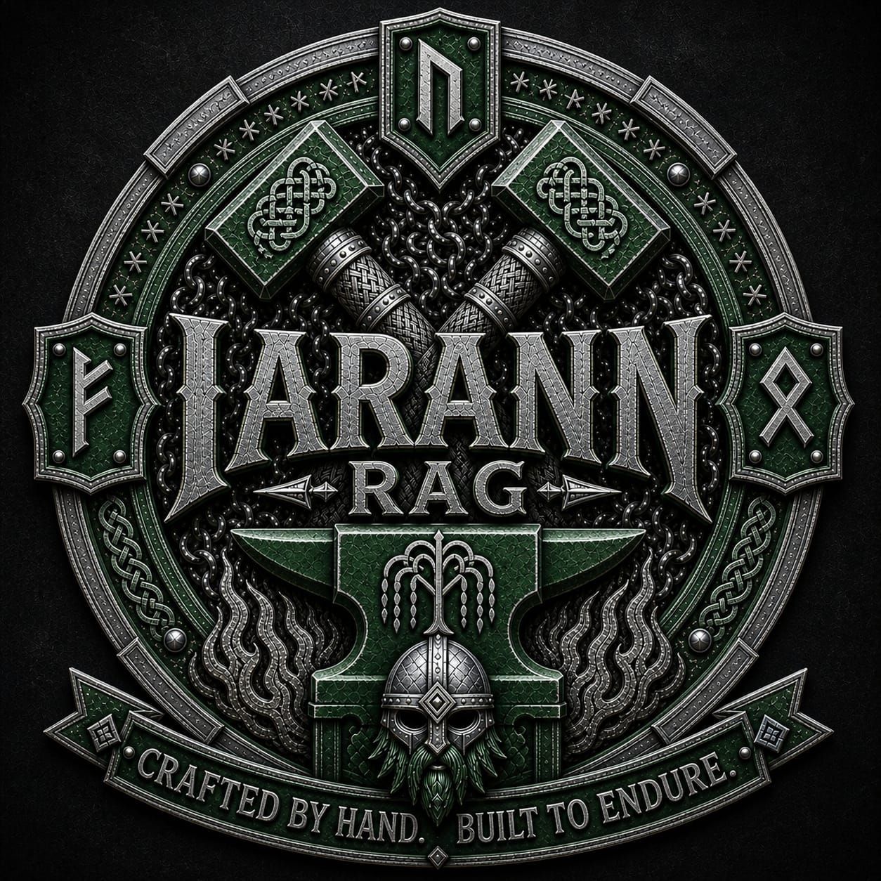 Het logo van Fiarann ​​Rags in groen en zilver met een Vikinghelm en een rond gevlochten embleem.