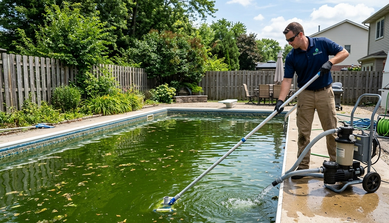 Professional pool technician using a vacuum and pump equipment to clean a dirty, green algae-filled swimming pool.