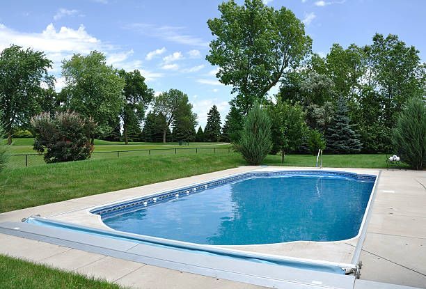 Clean backyard swimming pool surrounded by a green lawn and trees under a blue sky.