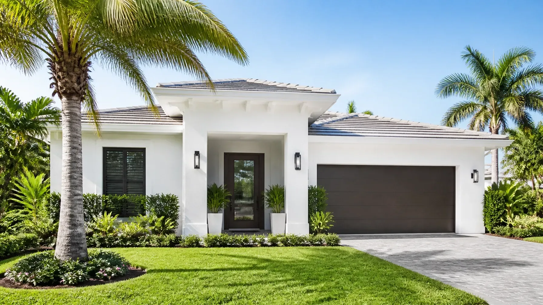 Sun-drenched modern Florida home with palm tree and a green lawn, representing secure home insurance