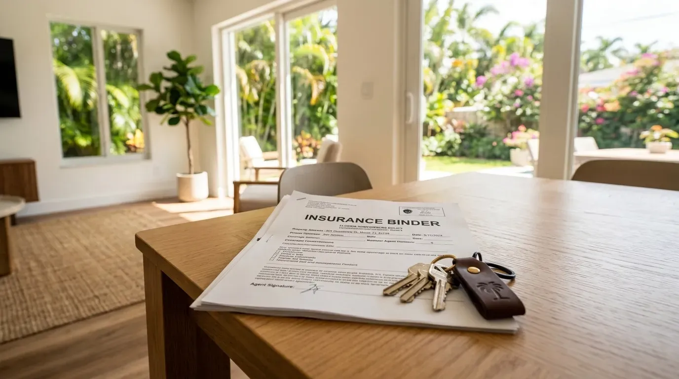 Professional house keys and insurance binder document on a sunlit Florida home table.