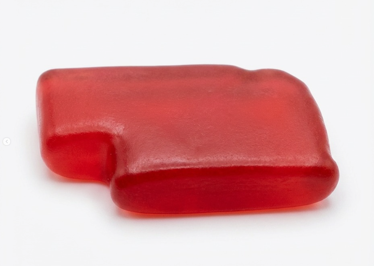 Red gummy candy shaped like a pistol on a white surface.