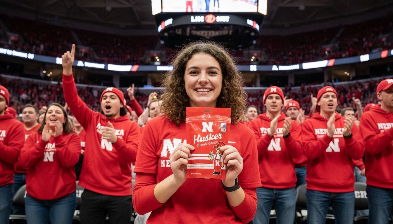 Fans in red clothing at a stadium, smiling and sharing a bag of snacks.