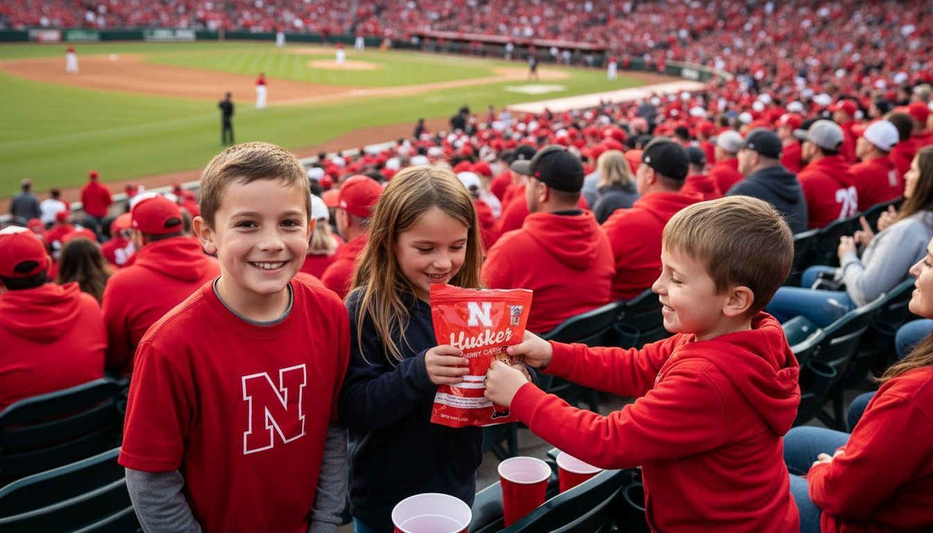 Children in red hoodies at a basketball game, holding a gift, surrounded by a red-clad audience.