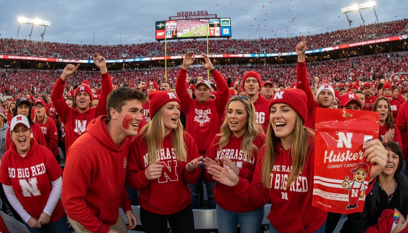 Woman in red scarf and jacket surrounded by crowd of people wearing red apparel at an outdoor stadium.
