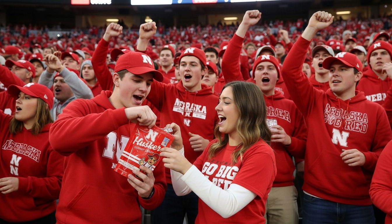 Woman in red scarf and jacket surrounded by crowd of people wearing red apparel at an outdoor stadium.
