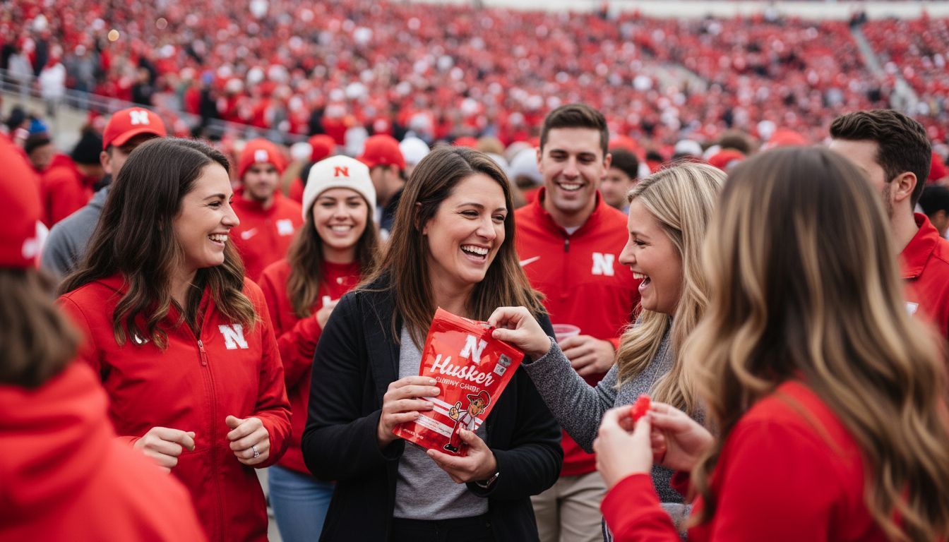 Fans in red clothing at a stadium, smiling and sharing a bag of snacks.