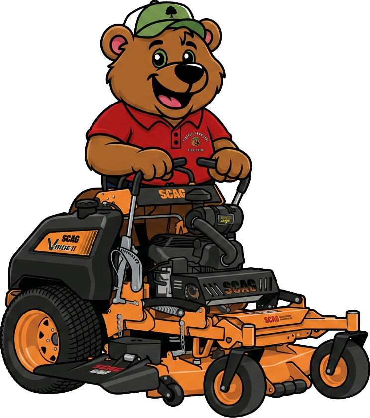 Cartoon bear mascot driving an orange-and-black riding lawn mower, wearing a green cap and red shirt
