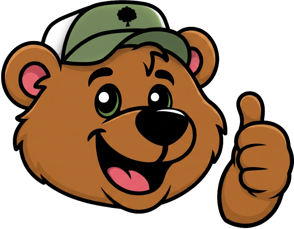 Brown bear wearing a green hat with a shamrock, smiling.