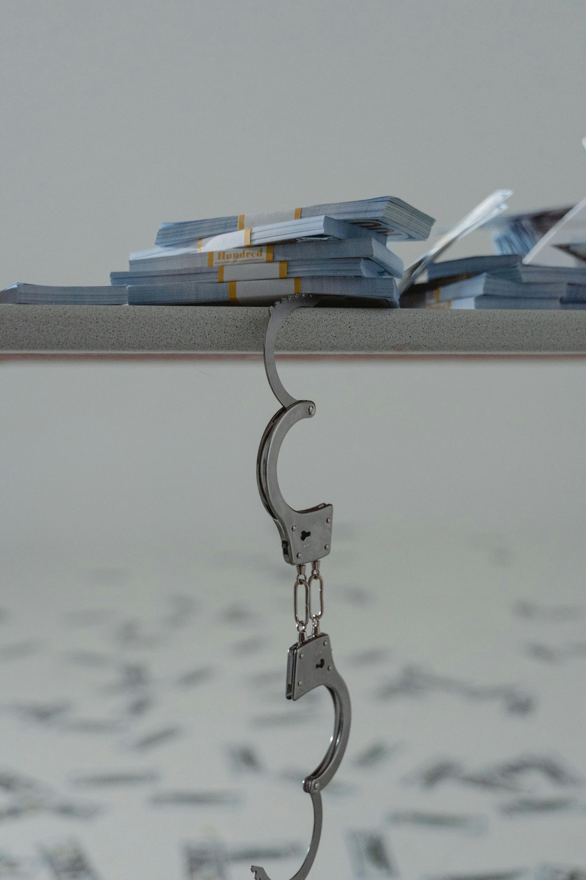 A pair of handcuffs hanging from the ceiling next to a stack of money
