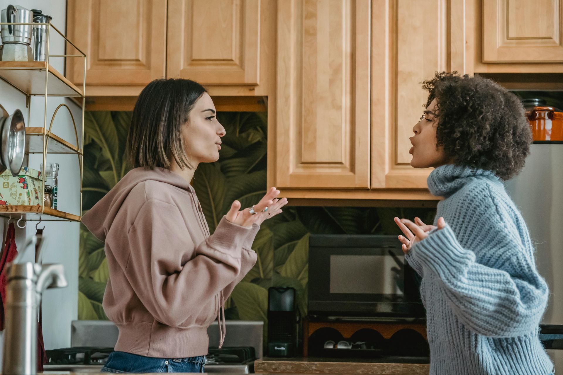 Two women are having an argument in a kitchen.