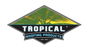 The logo for tropical roofing products has a palm tree on it