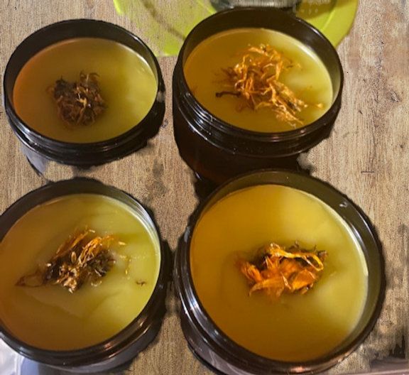 Four black jars filled with yellow-colored ointment, each topped with brown, dried plant material.