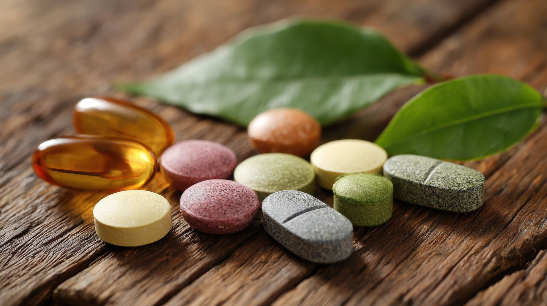 Colorful pills and capsules with a green leaf on a wooden surface.