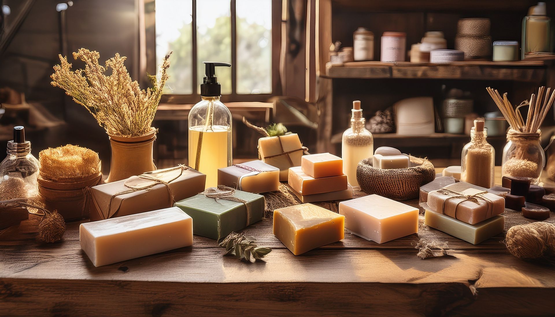Variety of handcrafted soaps displayed on a wooden table, with bottles and jars, inside a workshop setting.