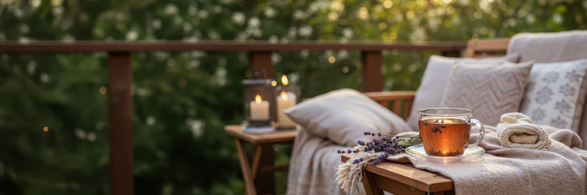 Cozy outdoor seating with a lit lantern, candles, and a cup of tea on a blanket.