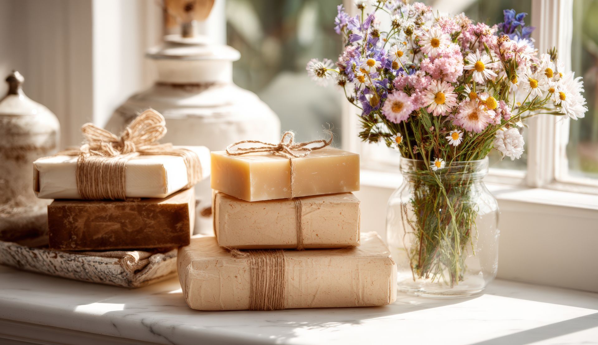 Soap gifts tied with twine sit on a tray with flowers in a mason jar by a sunny window.