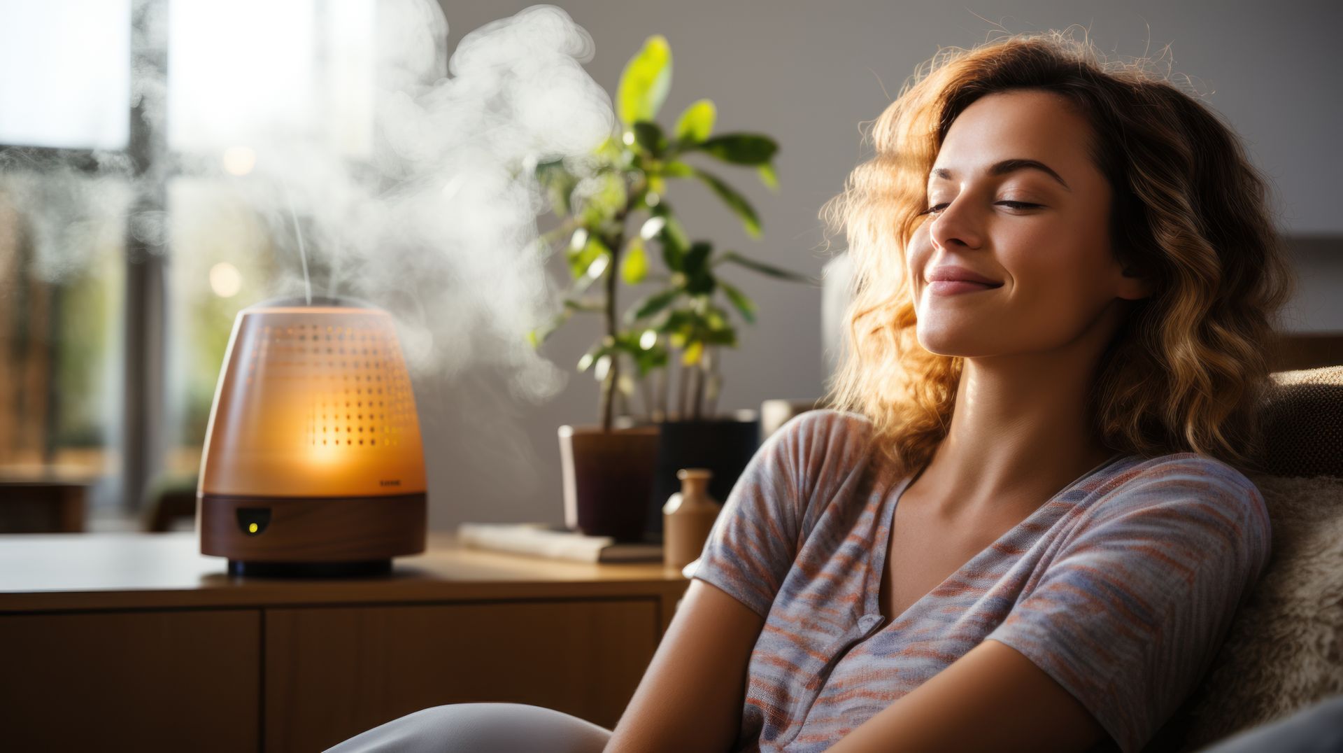Woman relaxing near a humidifier; eyes closed, steam, warm light, plants in background.