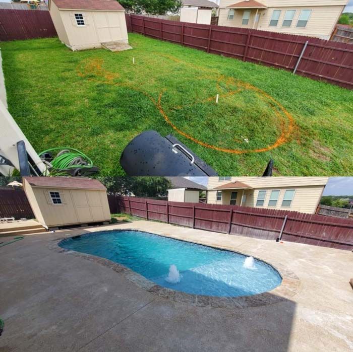 A Before and After Picture of A Backyard with A Swimming Pool