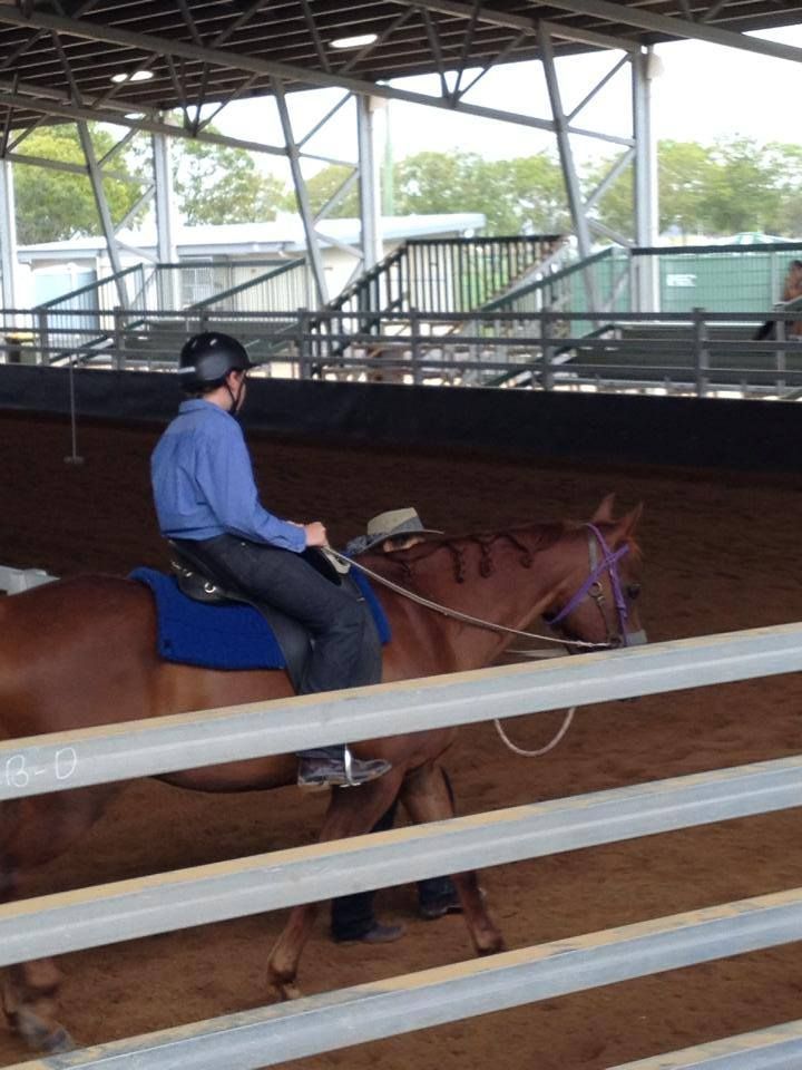 Person riding a brown horse in an indoor riding arena. The rider wears a helmet and blue shirt.