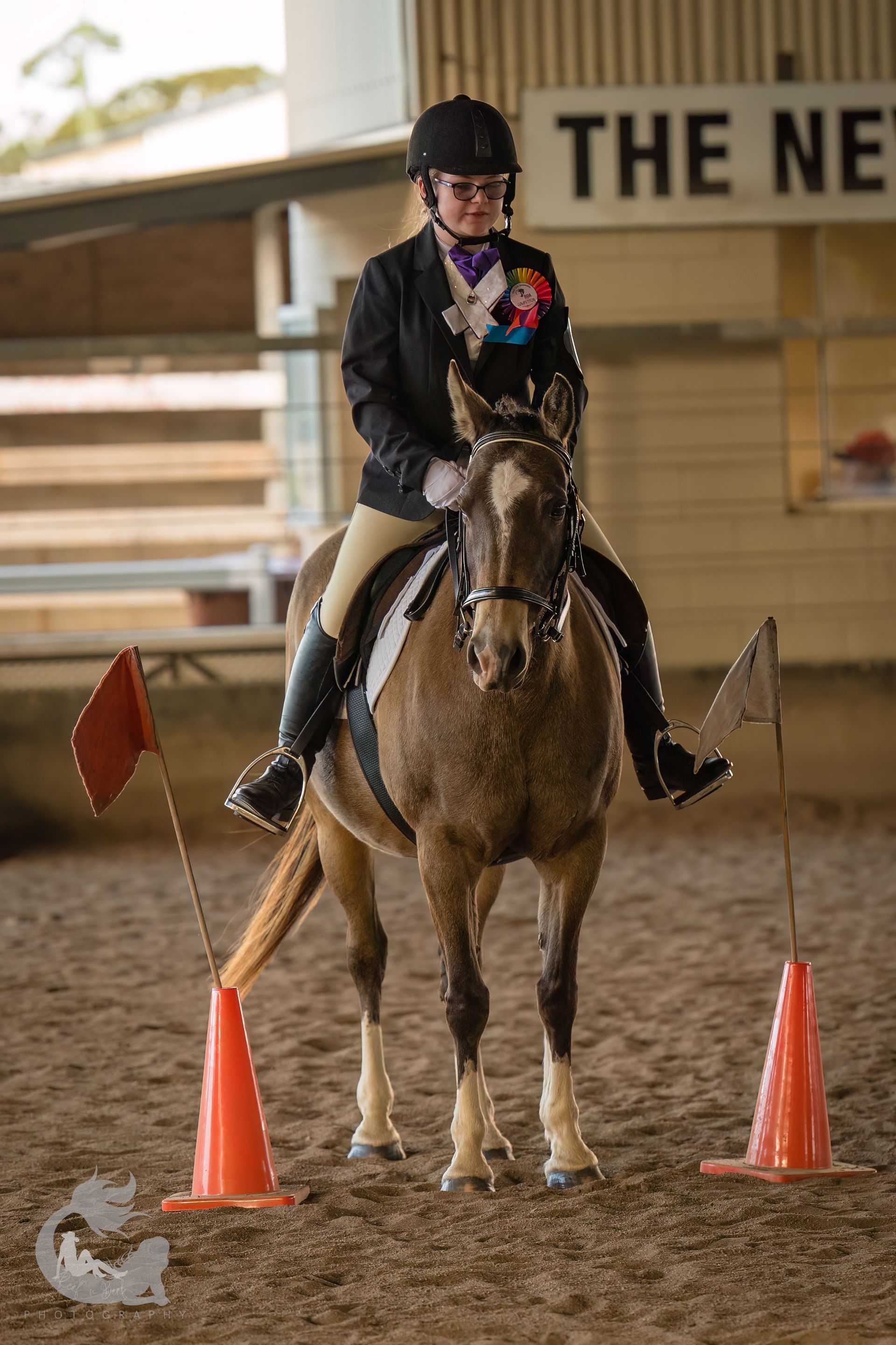 A rider on a brown horse in an arena, approaching orange cones with flags.