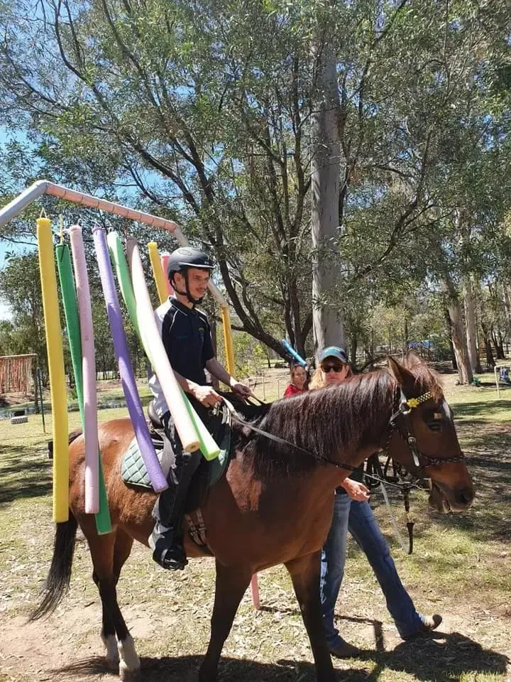 Boy riding a brown pony with a colorful pole structure. A woman assists outdoors near trees.