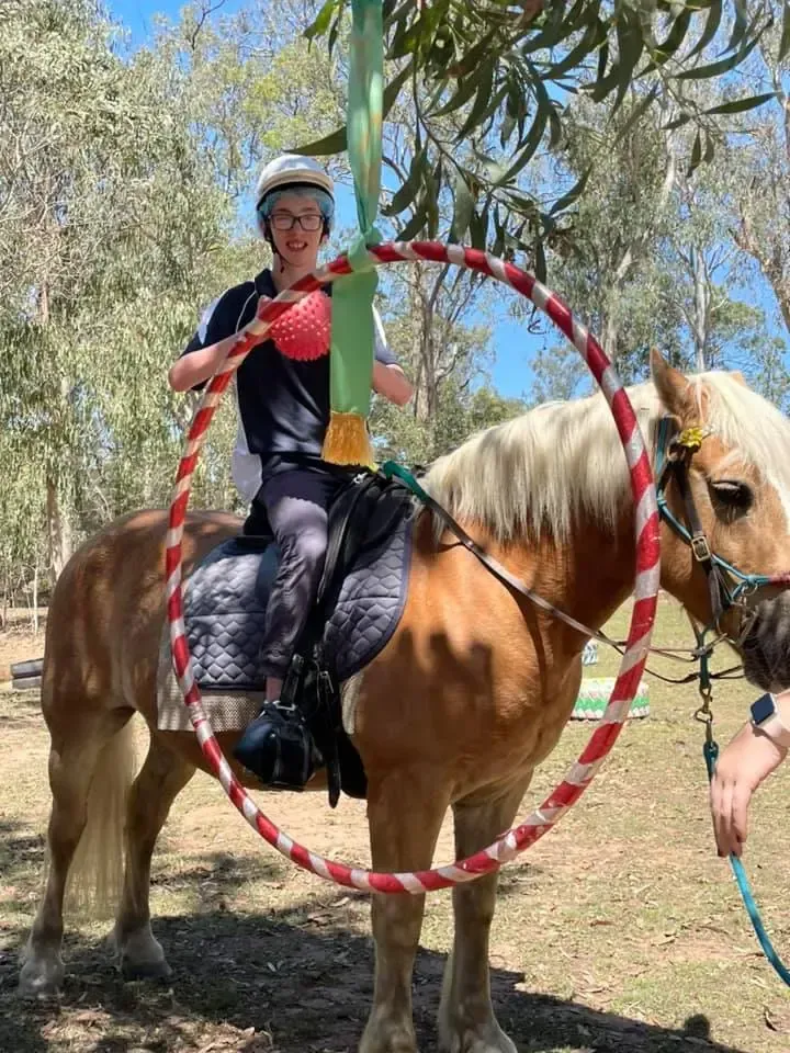 Person on horseback holding hula hoop, reaching for red ball. Horse is light brown with cream mane, outdoors.