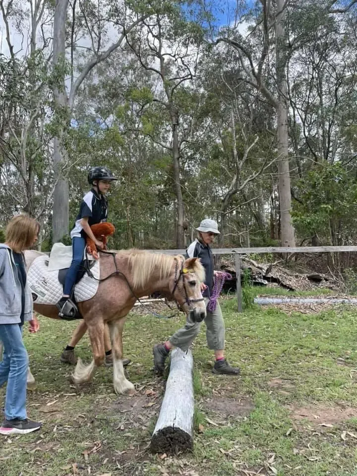Child riding a pony, led by a person over a log obstacle in a wooded area.
