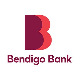 Bendigo Bank logo: Burgundy stylized "B" shape over red, with "Bendigo Bank" text.