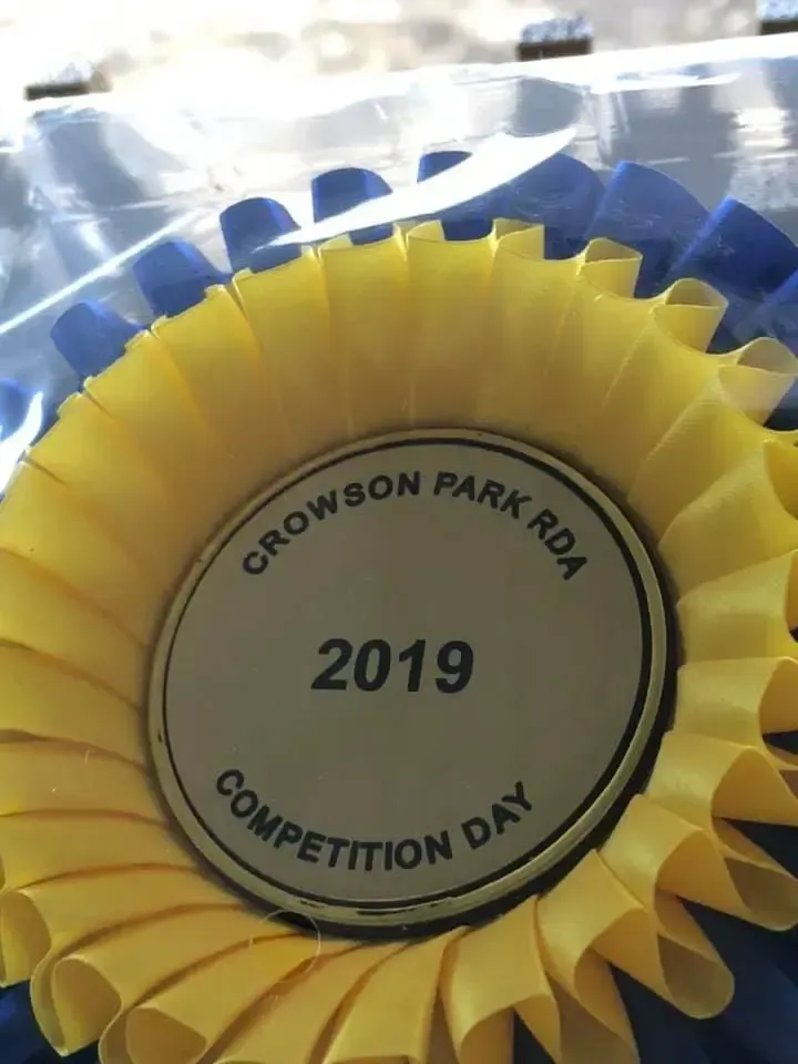 Yellow and blue rosette with gold center: